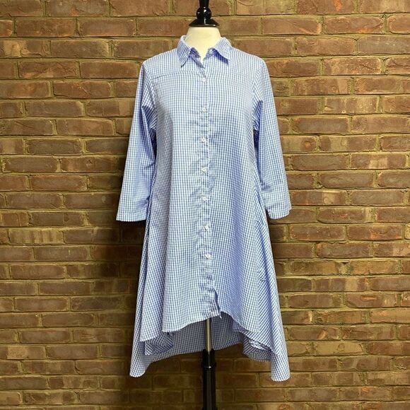 Blue Gingham Check Button Down Batwing Tunic Dress Size Small NEW - Picture 2 of 6